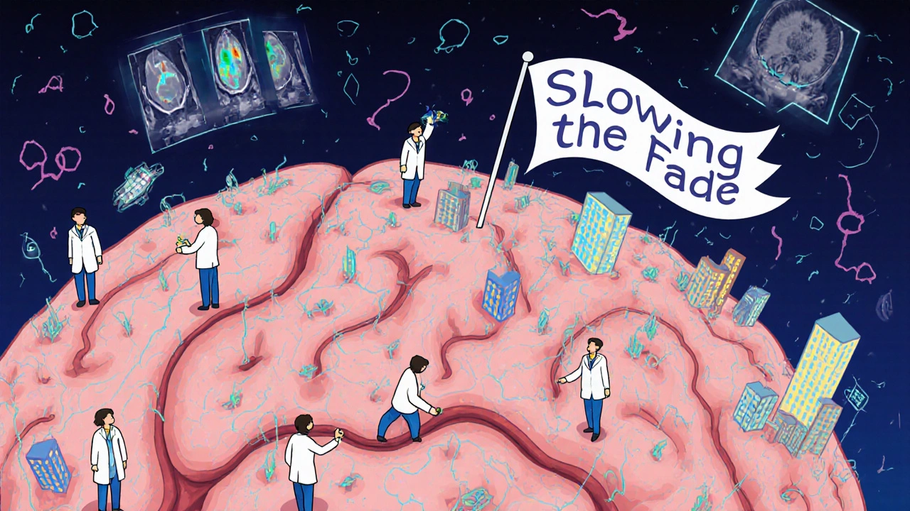 A microscopic brain city where nimodipine workers repair blood vessels and block calcium, reducing white matter damage.