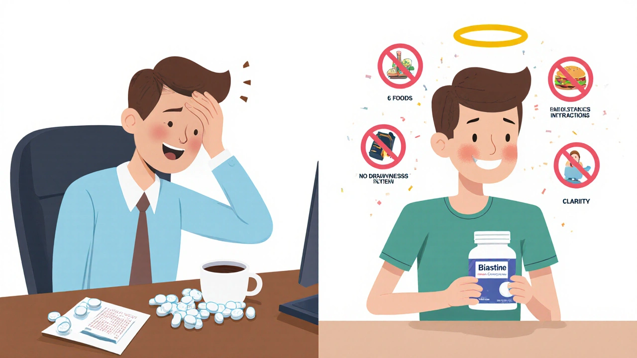A person feeling alert with bilastine versus drowsy with cetirizine, shown in split illustration.