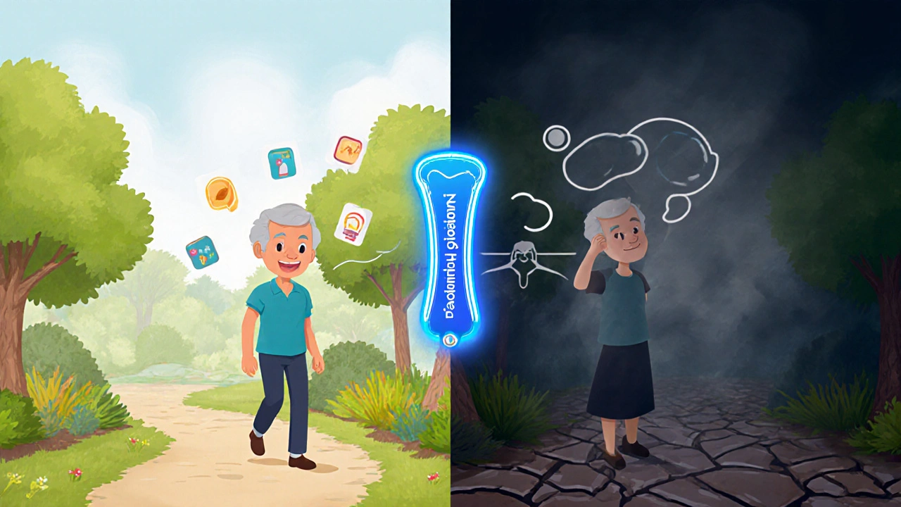 An older adult in a sunlit garden with clear thoughts, contrasted with a foggy version symbolizing cognitive decline, linked by a glowing artery.