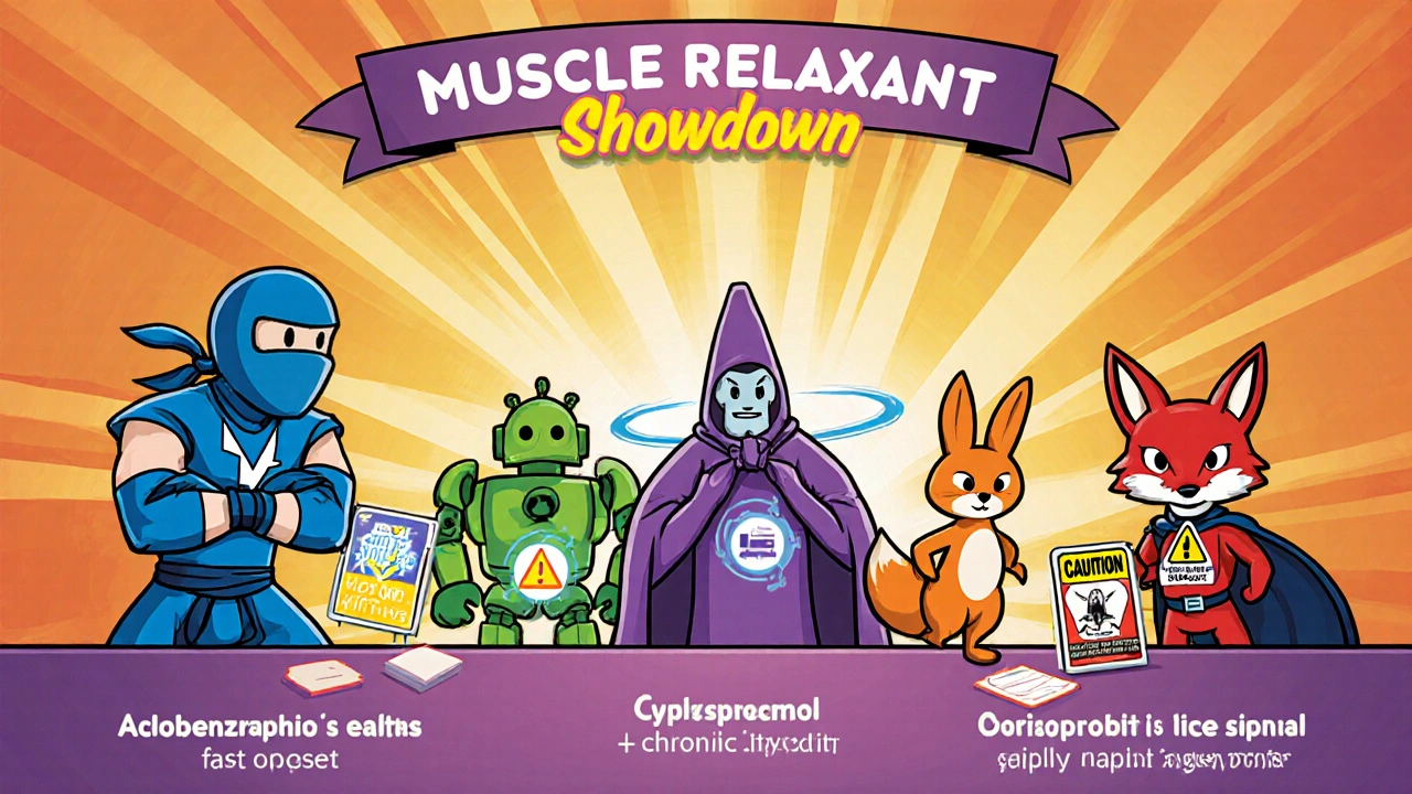 Animated characters representing five muscle relaxants stand behind a table with icons.
