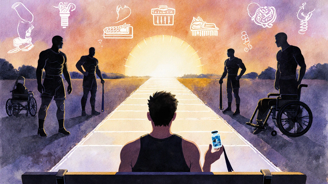 Athlete choosing between injection and rehab, shadowy past injuries behind, hopeful path ahead at sunrise.