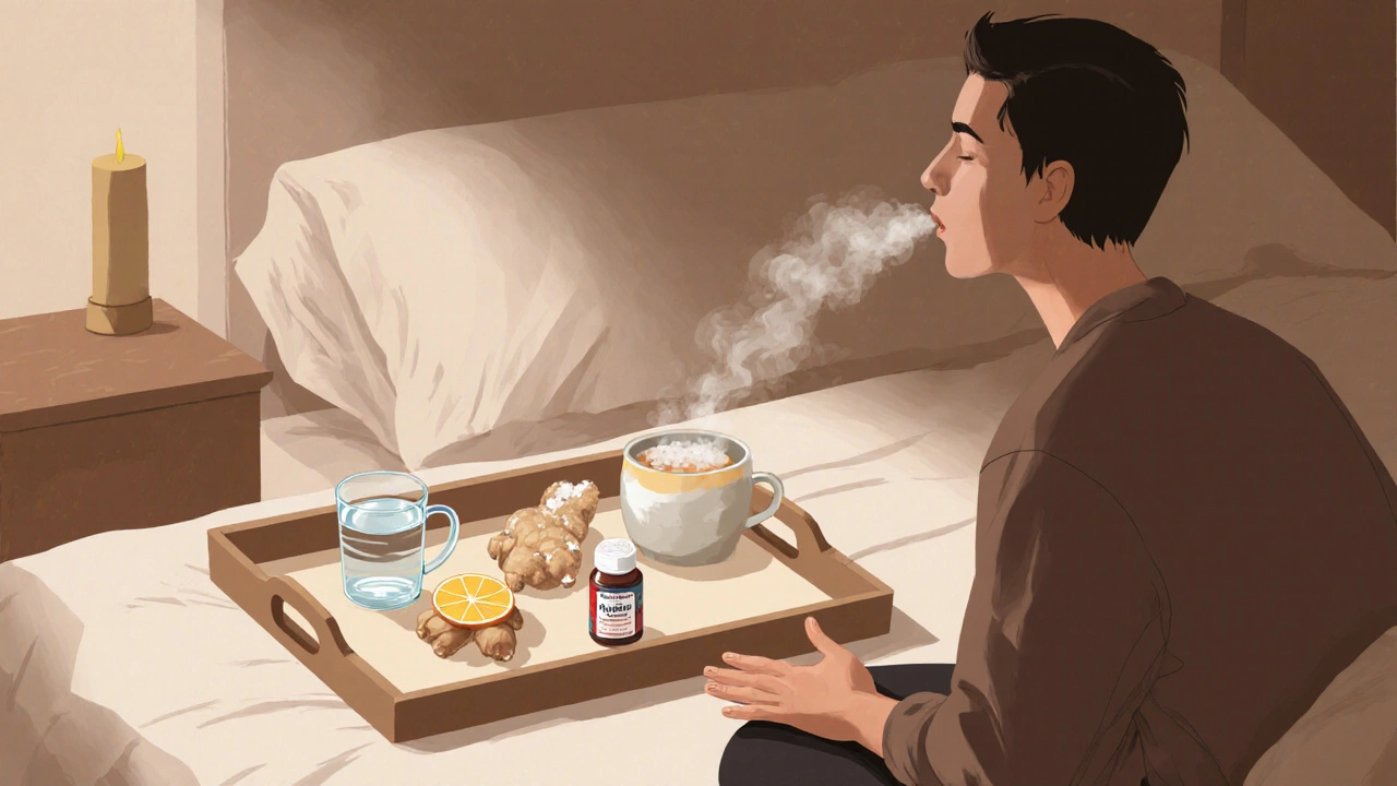Bedside tray with water, ginger, damp cloth, and antiemetic; person breathing deeply.
