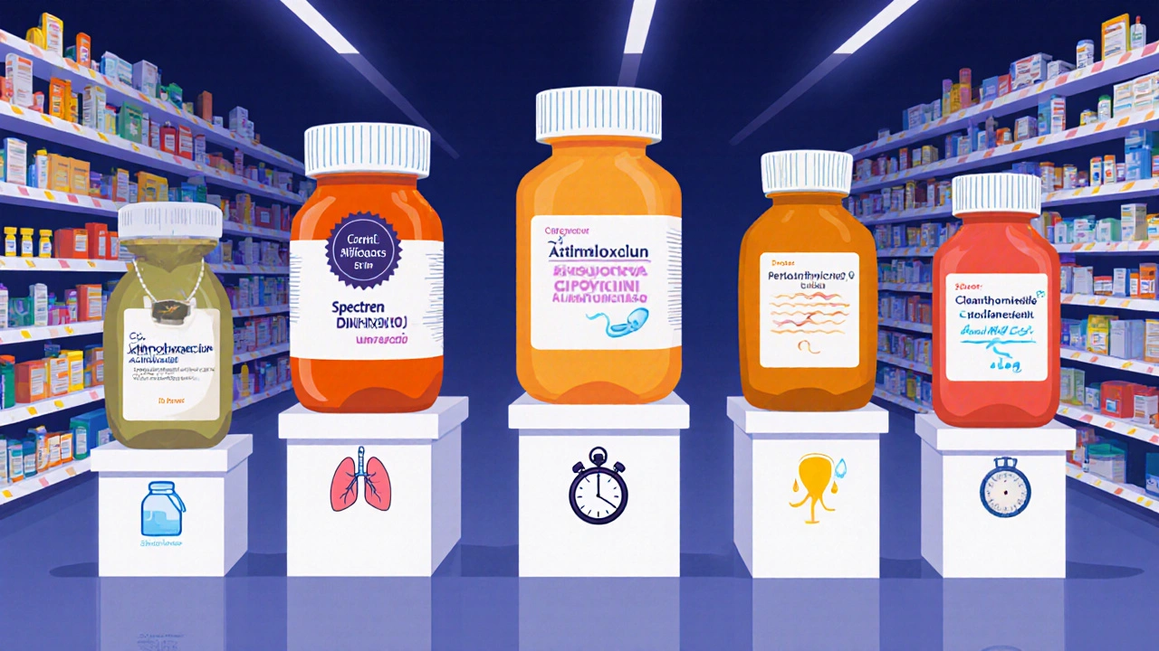 Cartoon antibiotic characters line up with icons showing spectrum, dose, and side effects.