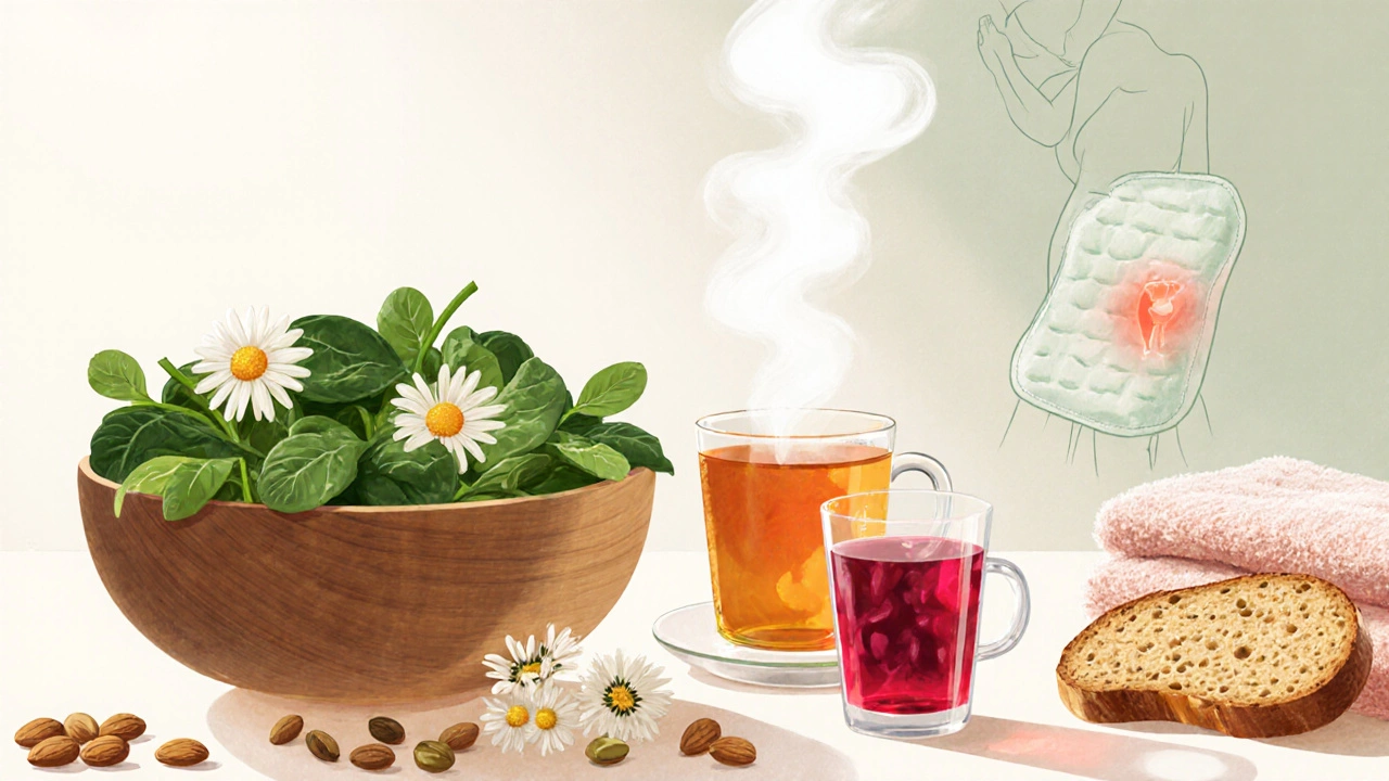 Cartoon kitchen scene with spinach, nuts, pumpkin seeds, tea, cranberry juice, and a heating pad.