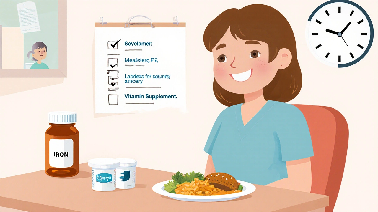 Clinic scene with patient taking sevelamer tablets at meals, separate iron bottle, and a checklist.