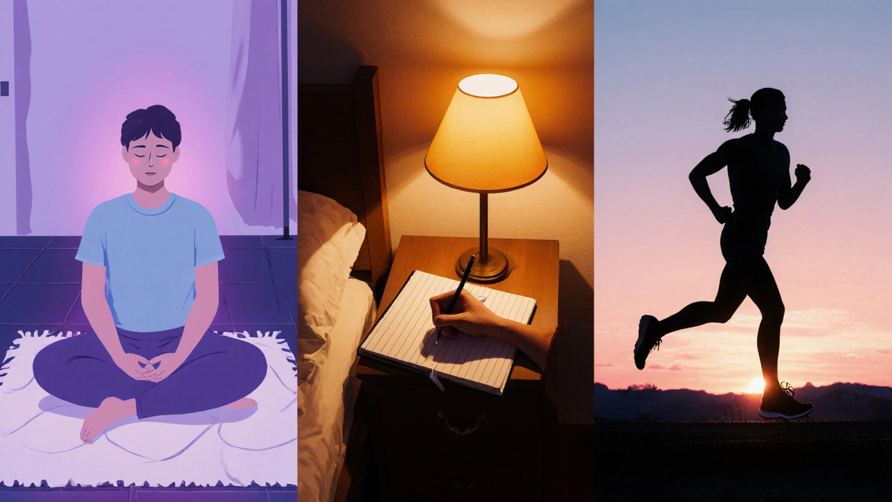 Collage of meditation, journaling, and running silhouettes set in a warm bedtime scene.