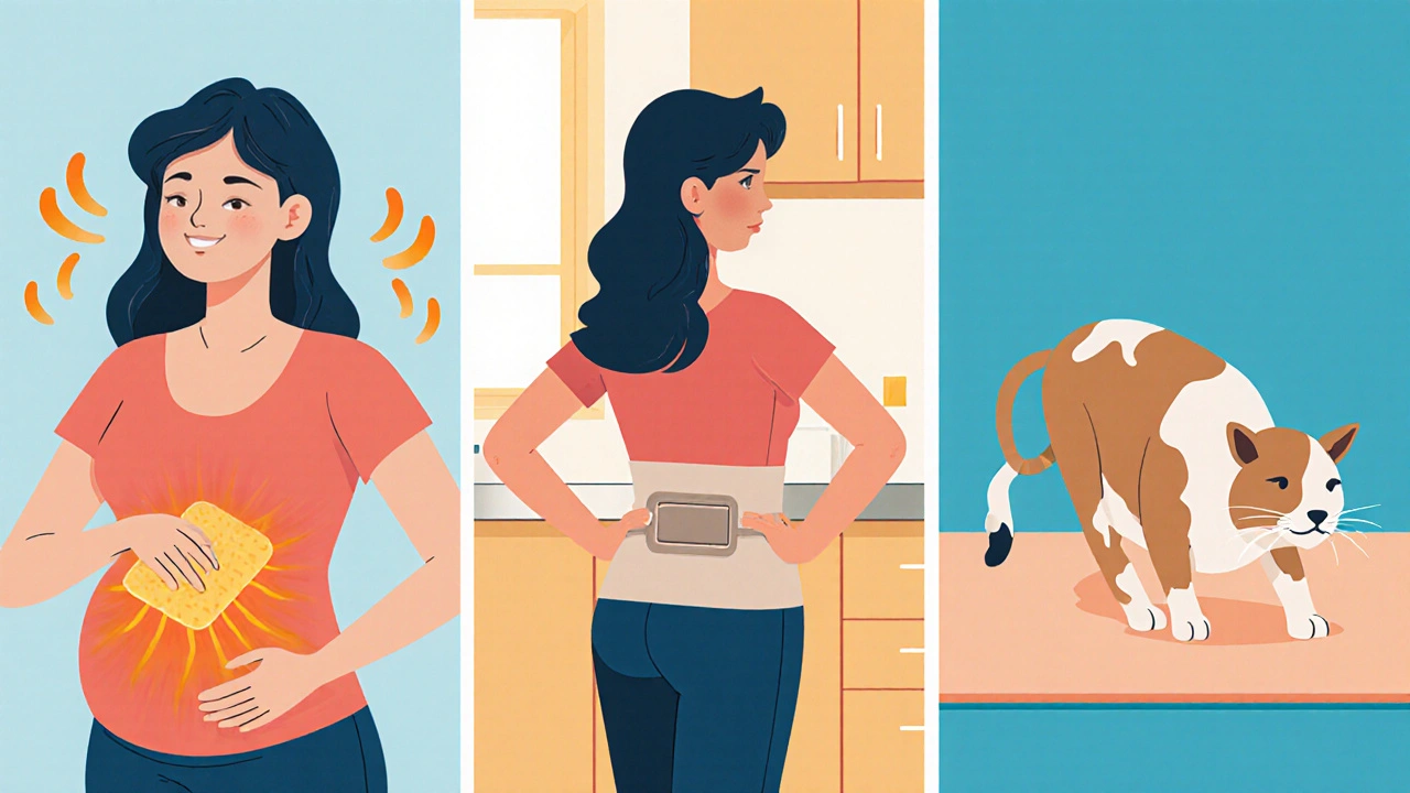 Collage of pregnancy back‑pain relief: warm compress, support belt, yoga pose.