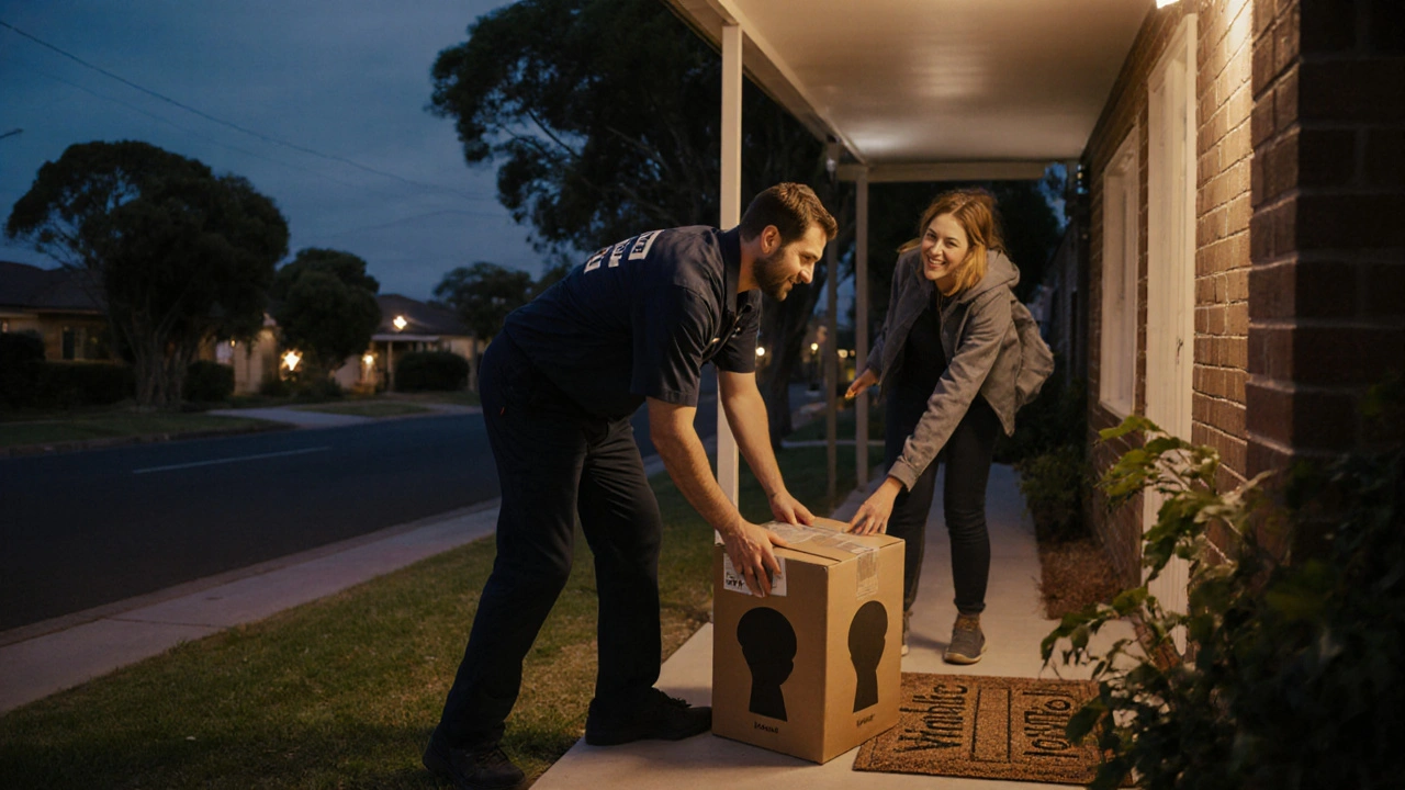 Courier handing a sealed box to a smiling person on an Australian porch at dusk.
