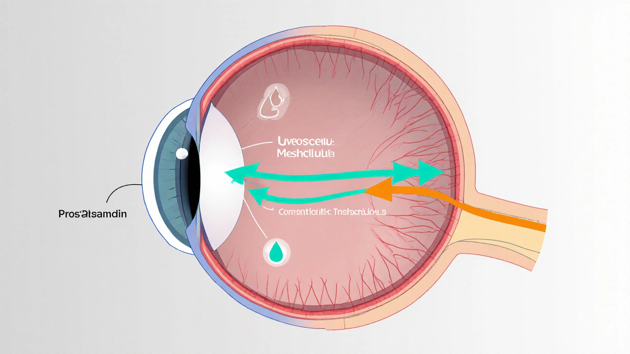 Cross‑section of an eye showing aqueous humor flow paths with colored arrows.