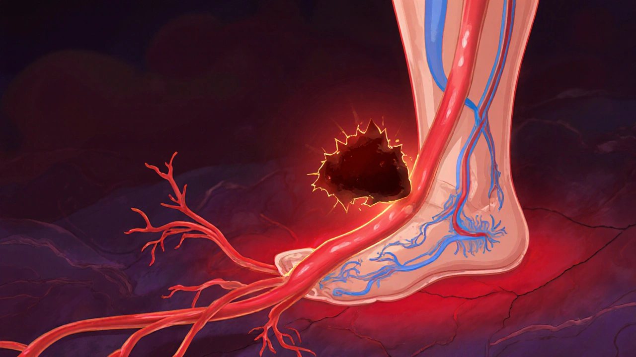 Cross‑section view of a clot fragment traveling from leg vein to pulmonary artery.