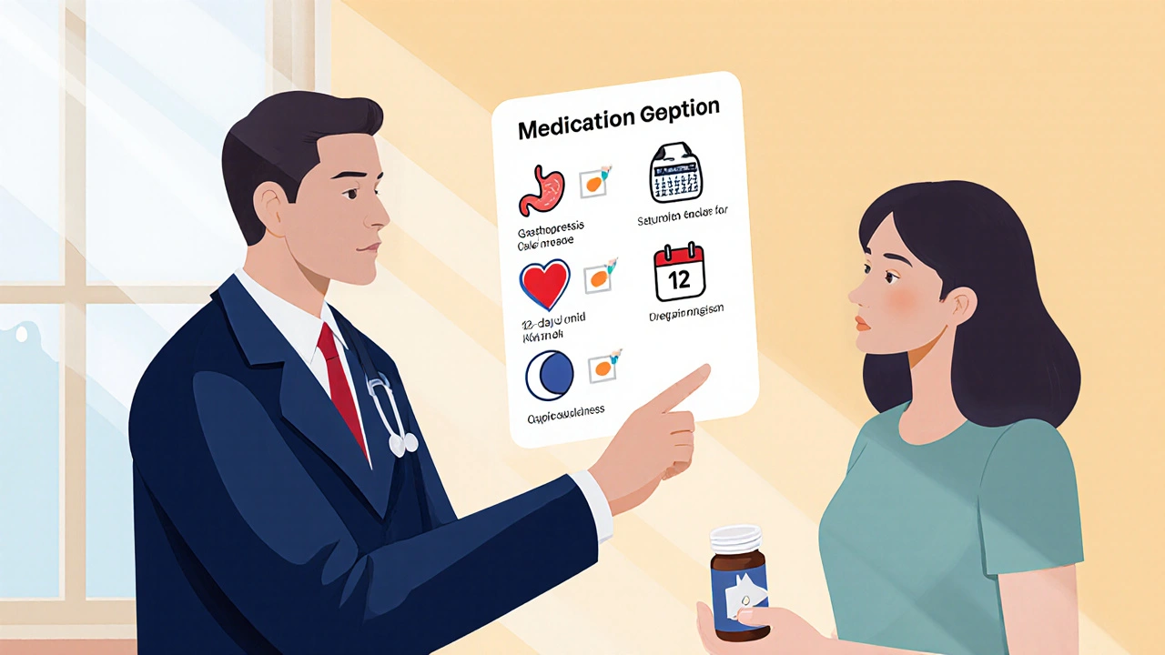 Doctor and patient discuss medication options with icon checklist.