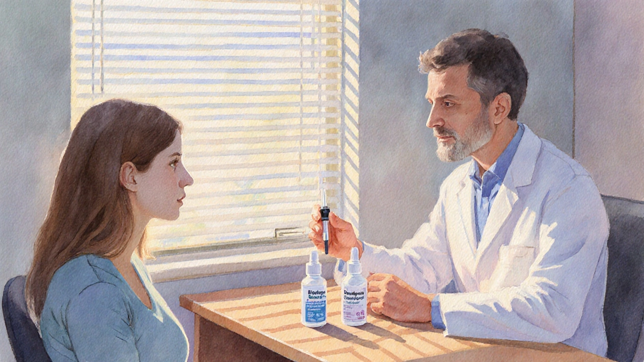 Doctor and patient discussing eye‑drop options in a sunlit exam room.