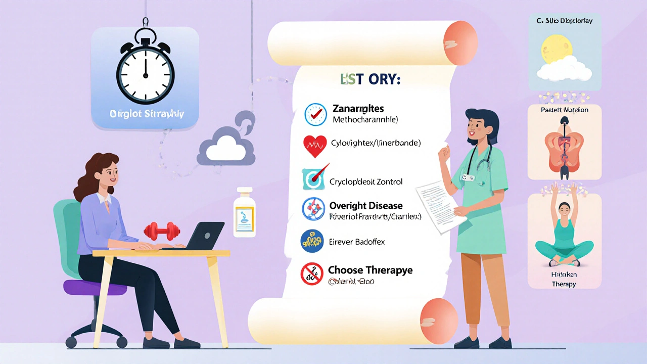 Doctor and patient reviewing a checklist with icons for urgency, duration, and side effects.