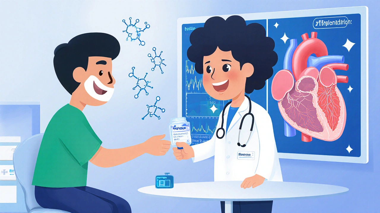 Doctor giving eplerenone to patient, showing heart improvement and future combo.