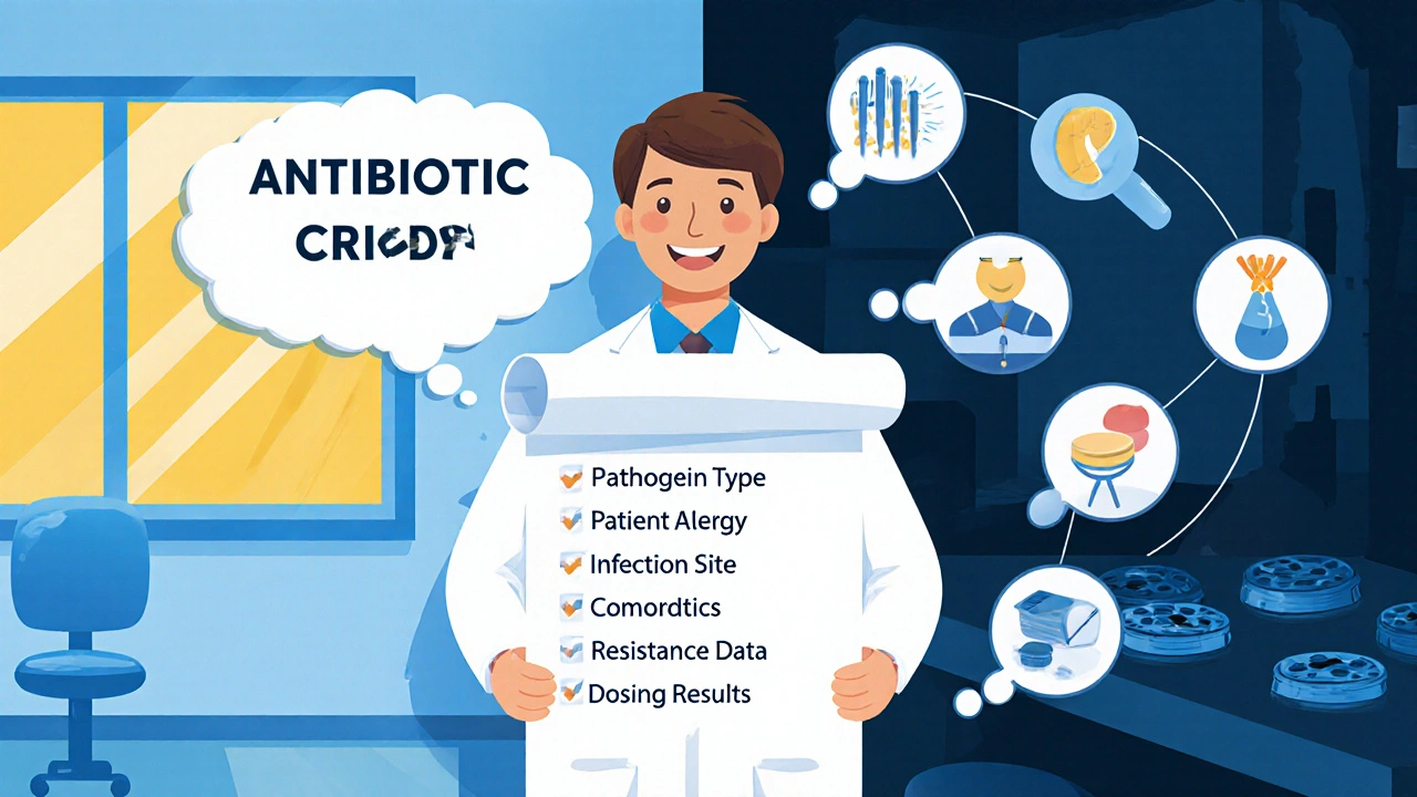 Doctor holding a scroll with checklist icons for selecting the right antibiotic.