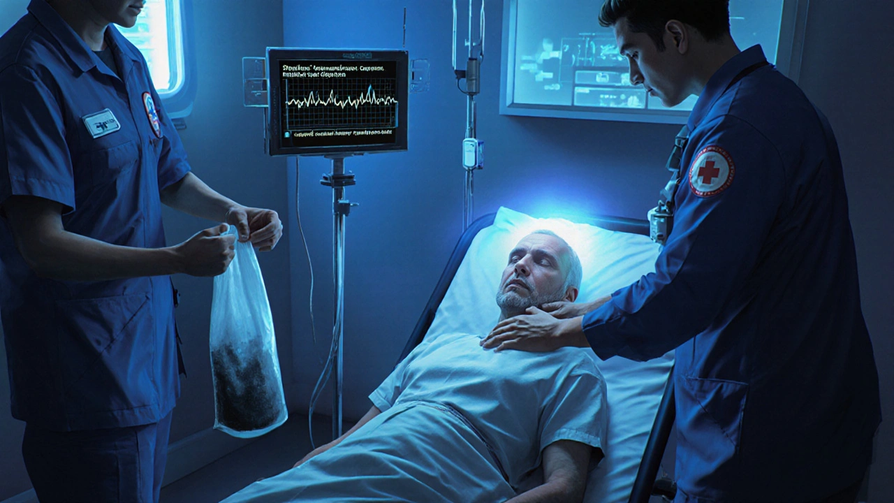 Emergency room scene with patient showing overdose symptoms and medical staff treating them.