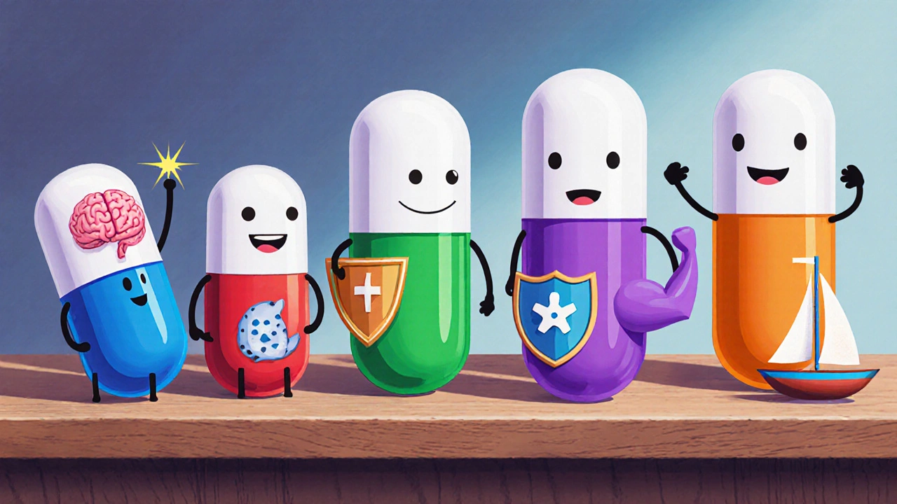 Five colorful pill characters represent different anti‑nausea drugs.