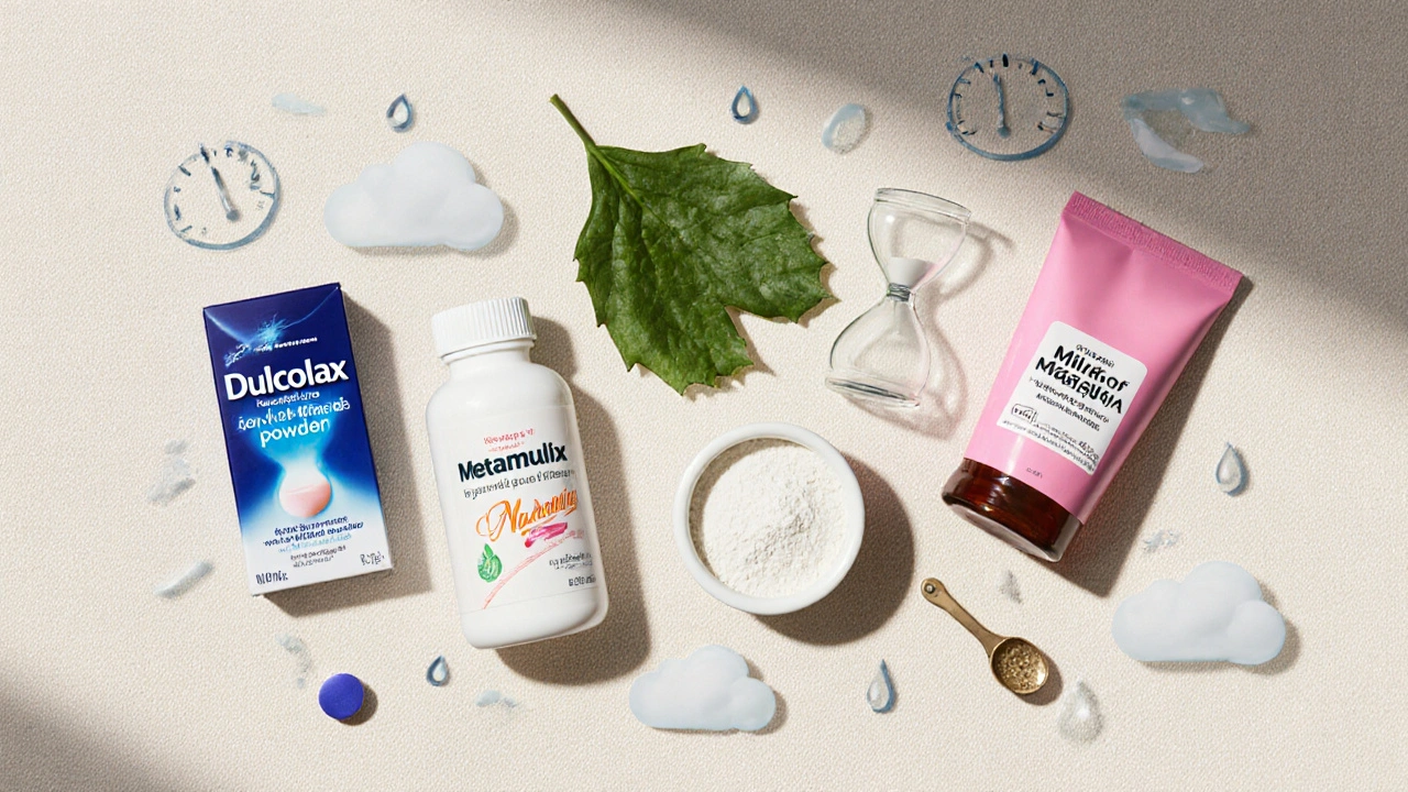 Flat‑lay of six laxative products with visual cues for onset speed.