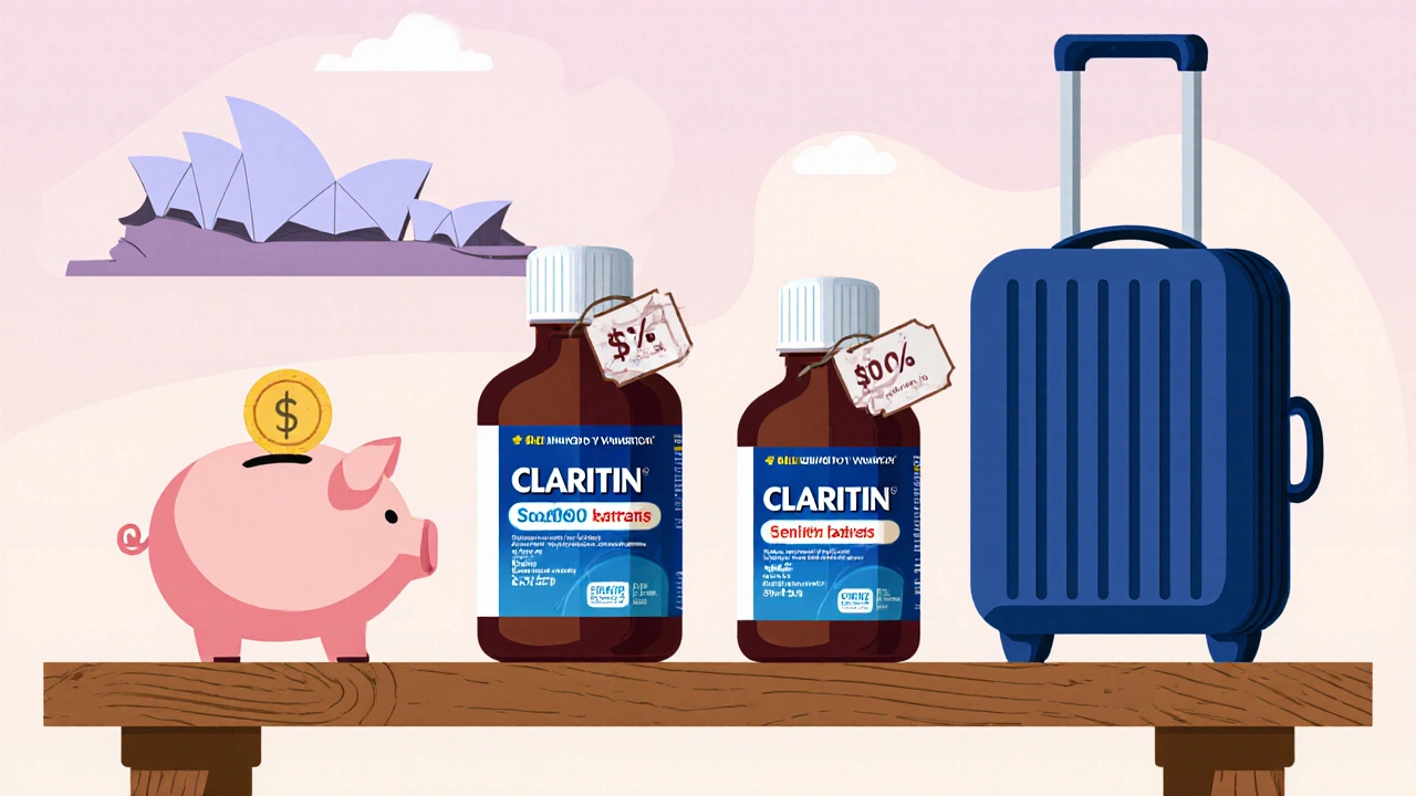 Generic and brand Claritin bottles with price tags, piggy bank and suitcase showing savings.