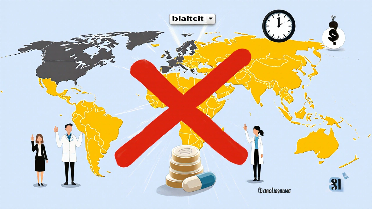 Global map showing bilastine's adoption in Europe and Latin America, blocked from the U.S. market.