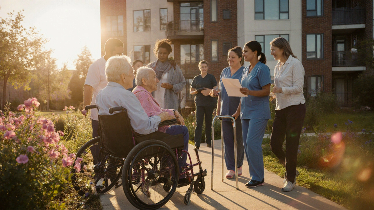 Golden‑hour garden scene showing caregivers and residents at a supportive living facility.