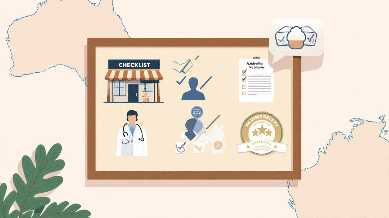 Illustrated checklist board with icons for address, pharmacist, prescription, official seal, and reviews.