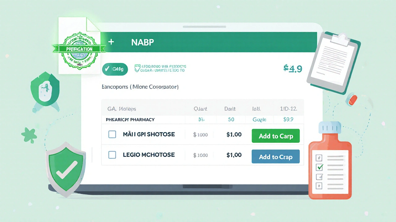 Laptop screen showing a verified online pharmacy checkout with price comparison and prescription upload.
