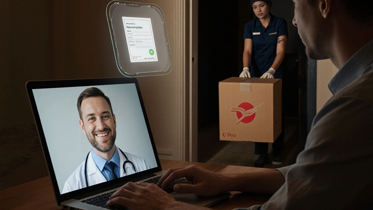 Man receiving a plain brown delivery box after a telehealth video call with a doctor.