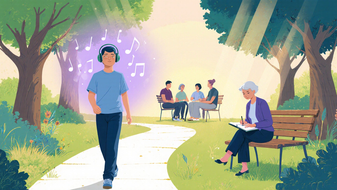 Patient walking with music notes, caregiver journaling, and support group in a bright garden, showing coping strategies.