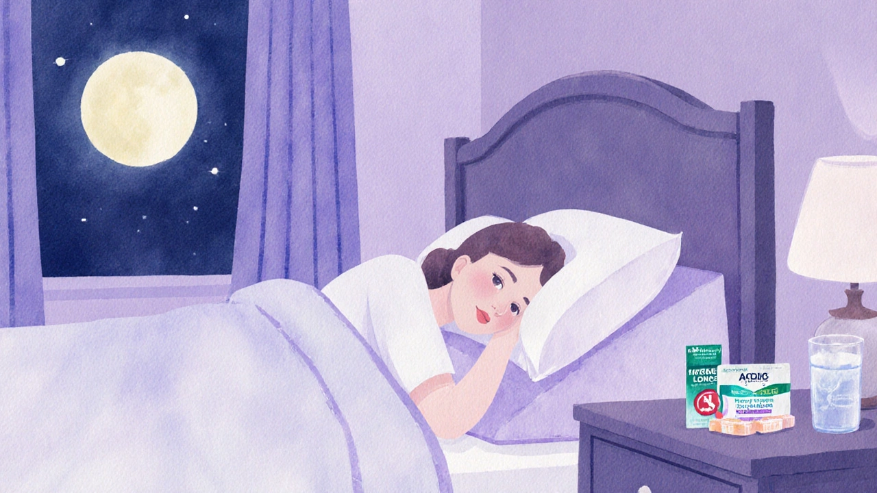 Peaceful sleeper on wedge pillow with nausea kit on nightstand, moonlit bedroom.