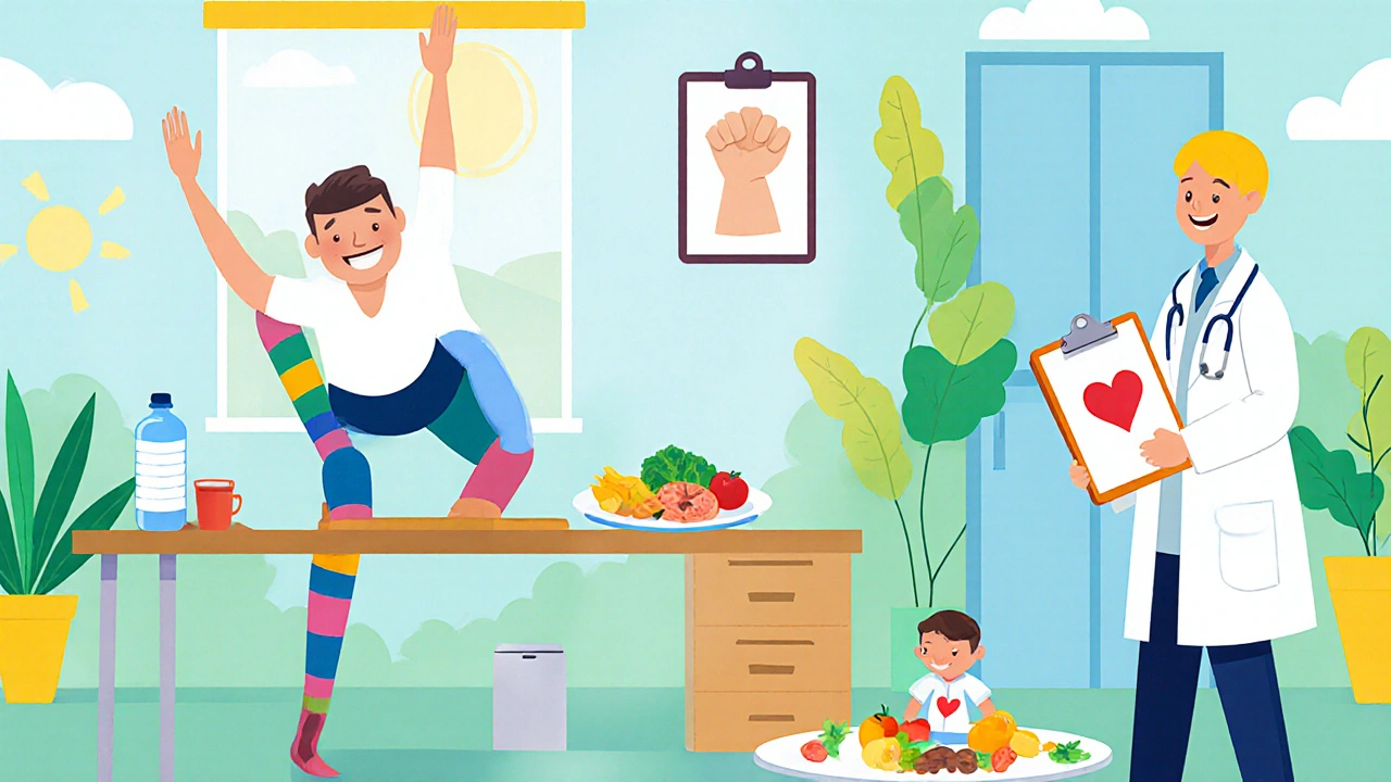 Person practicing walking, hydration, and wearing compression stockings for DVT prevention.