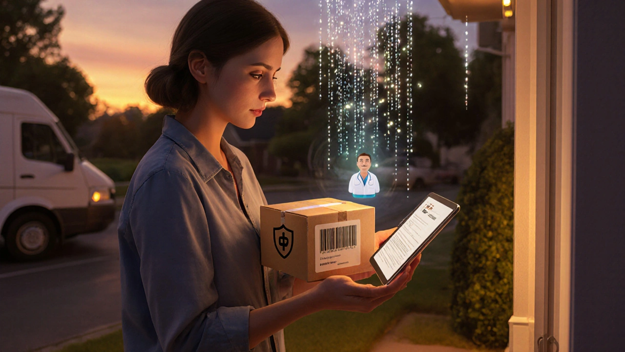 Person receiving a sealed medication package with tracking and AI discount symbols.
