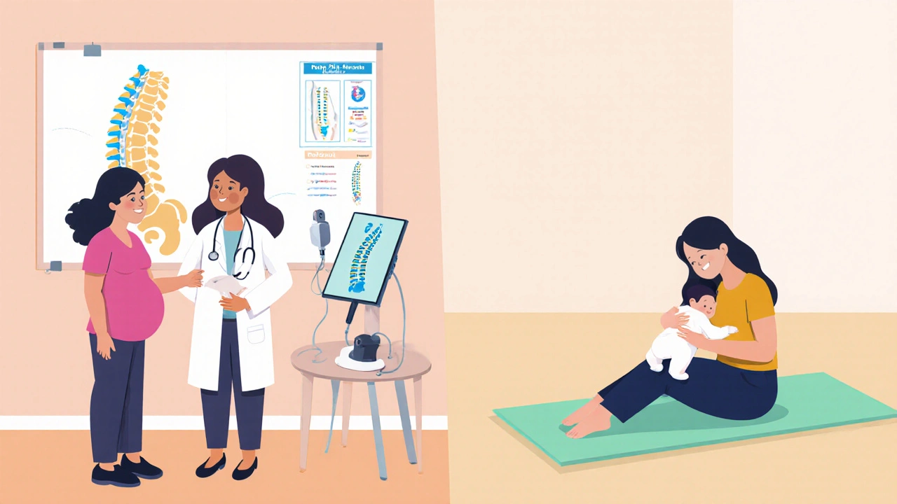 Pregnant woman with doctor and therapist, then postpartum mother doing core exercise.