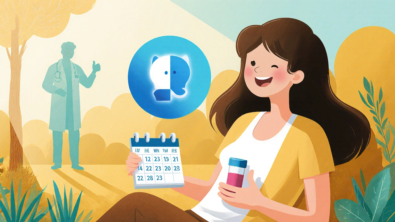 Relaxed figure holds magnesium capsule and Kegel guide, calm bladder icon above, sunny garden.