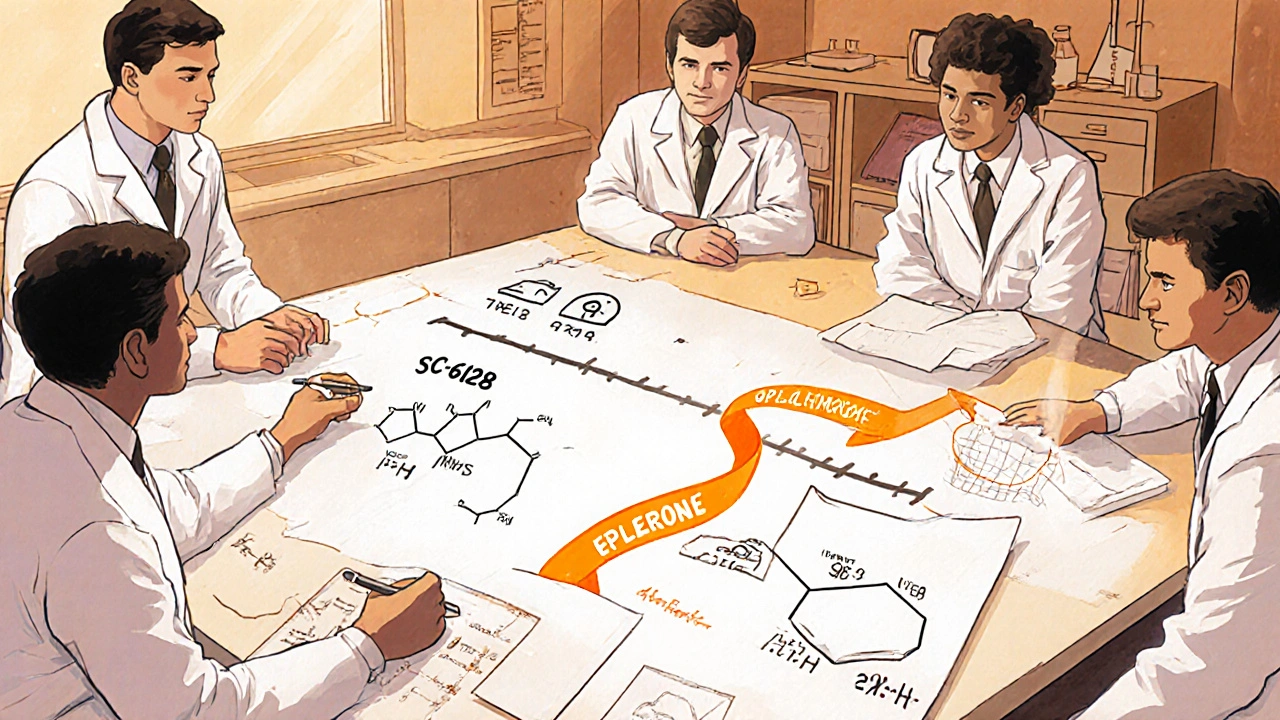 Scientists in a lab sketching eplerenone&#039;s structure with a timeline ribbon.
