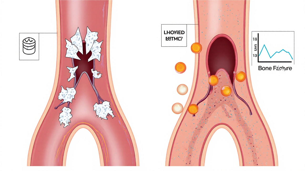 Side‑by‑side arteries: left with calcium deposits, right clear thanks to sevelamer, showing lowered PTH.