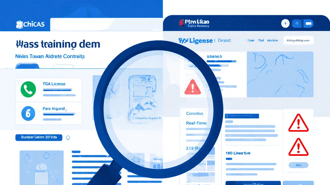 Side‑by‑side comparison of a legit pharmacy site and a shady site with a magnifying glass.