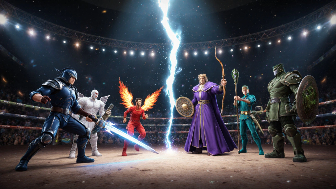 Six inhaler avatars battling in a split‑screen arena, each with distinct colors and weapons.
