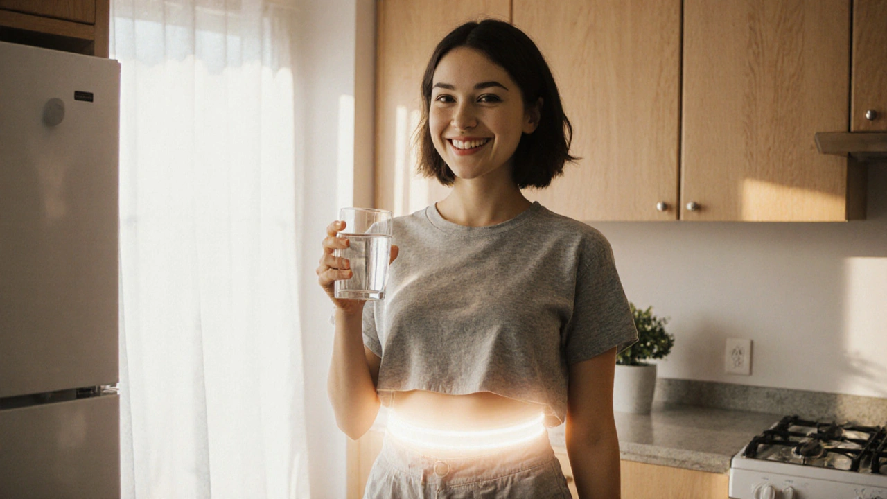 Smiling woman at home feeling relief from bladder spasms.