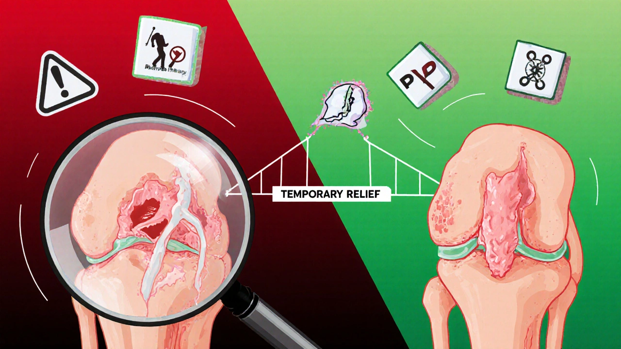 Split illustration showing injured knee vs healed knee with therapy alternatives connected by a fragile bridge.