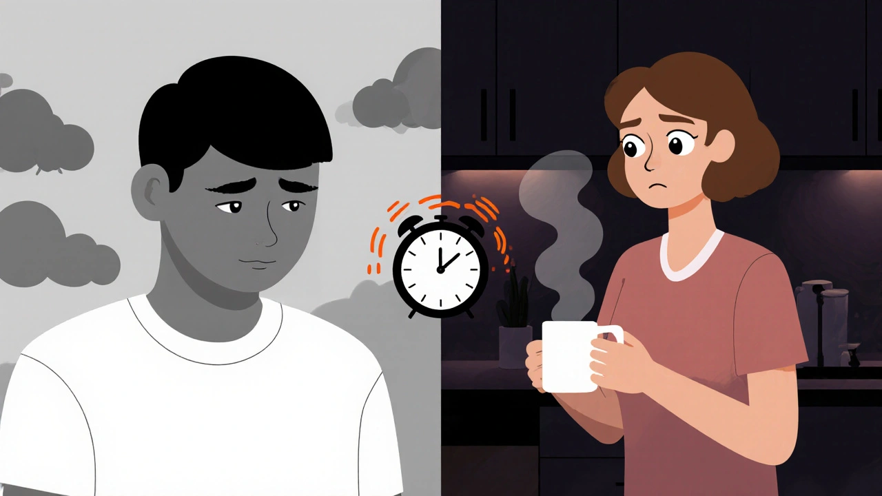 Split scene showing patient with flat affect and caregiver looking stressed, illustrating emotional side effects.