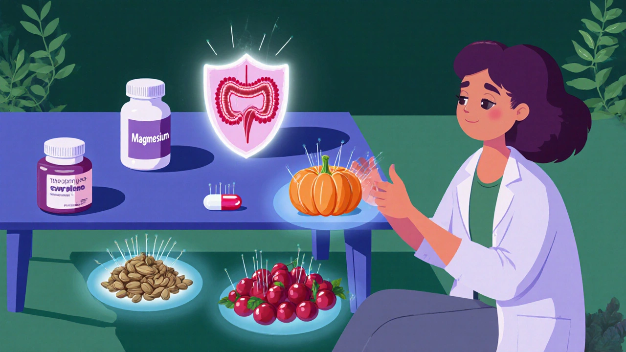 Table displays magnesium, pumpkin seeds, cranberry, saw palmetto, and acupuncture beside exercises.