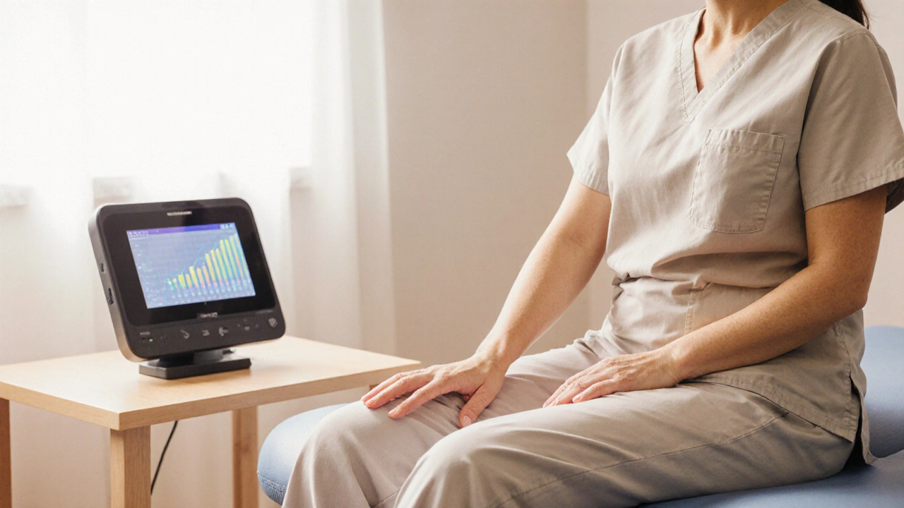 Therapist guiding patient through pelvic floor biofeedback exercise.