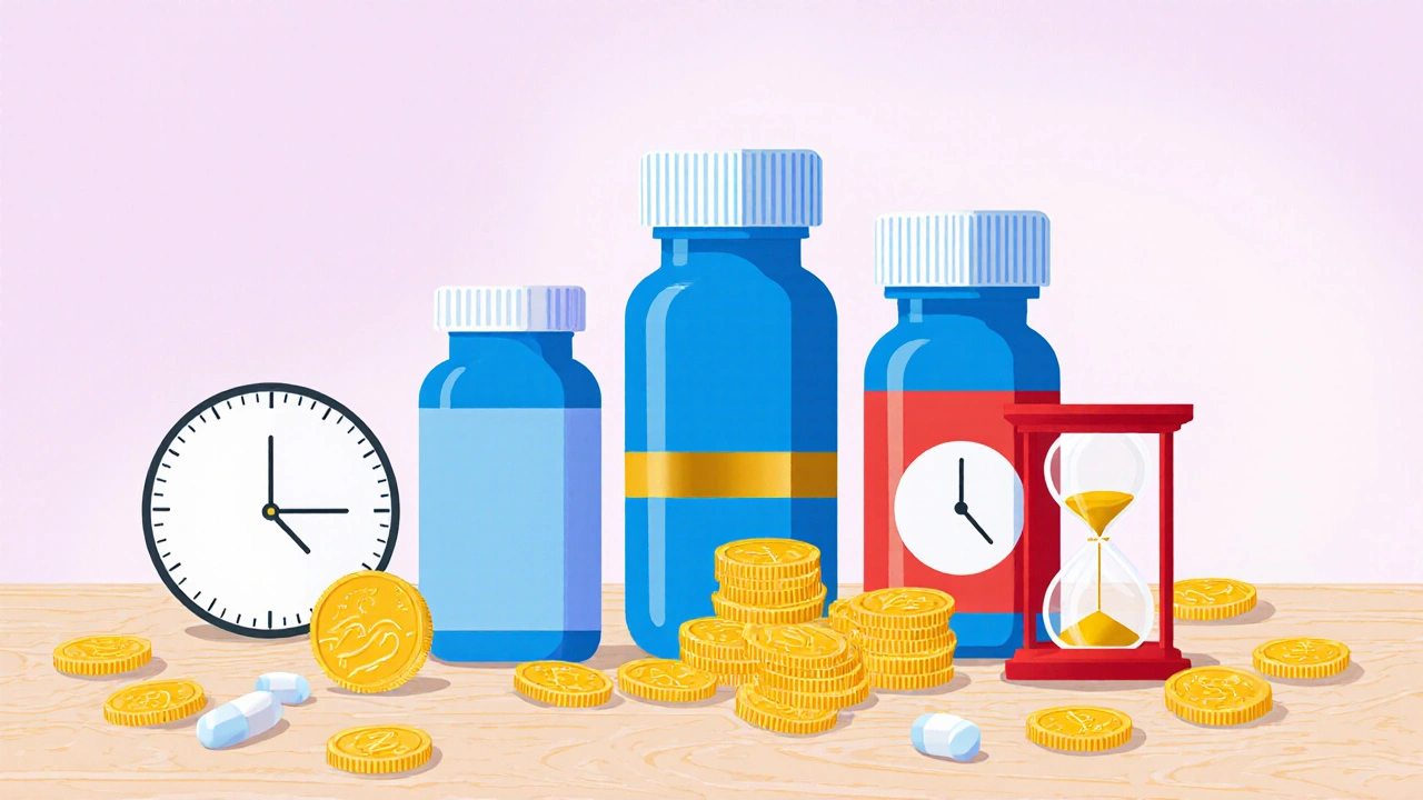 Three colored pill bottles with coins, clock and hourglass representing price and duration differences.