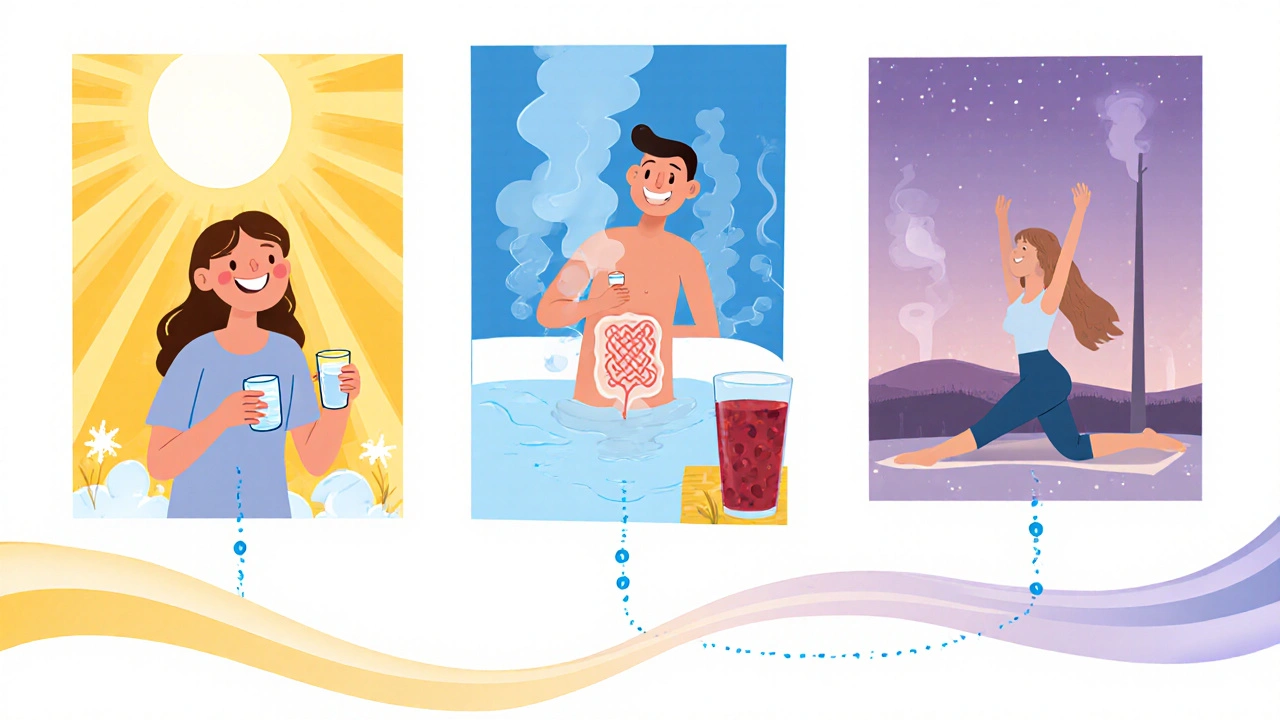 Three-part illustration of a daily routine: magnesium pill, warm bath, and pelvic floor exercises.