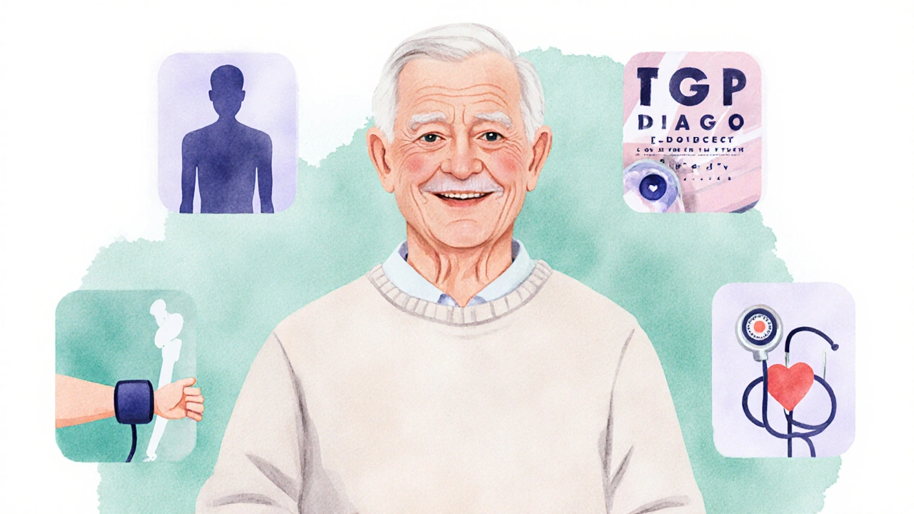 Watercolor collage of health screening icons around an older adult figure.