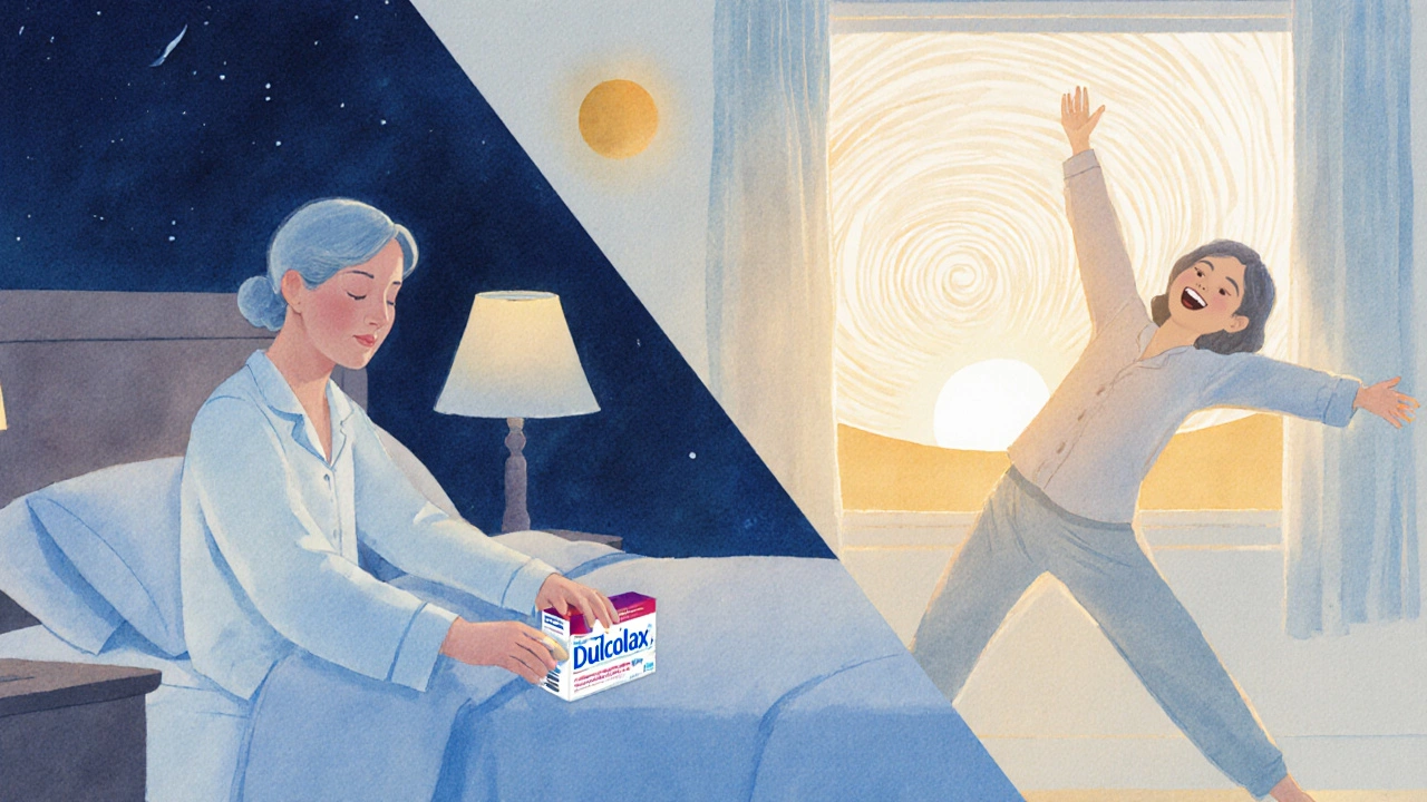 Watercolor of night‑shift worker taking Dulcolax and morning relief.