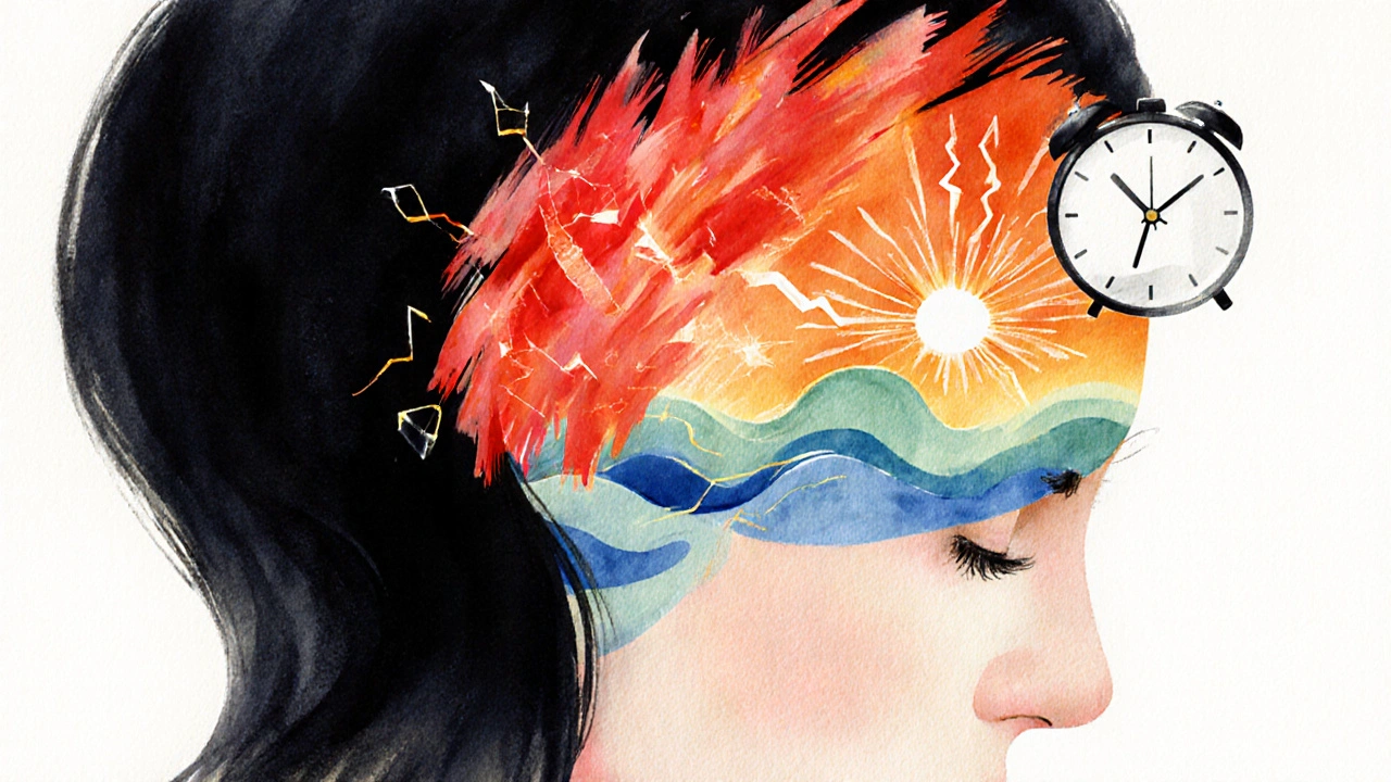 Watercolor split portrait showing chaotic red energy in one half and calm blue waves in the other.