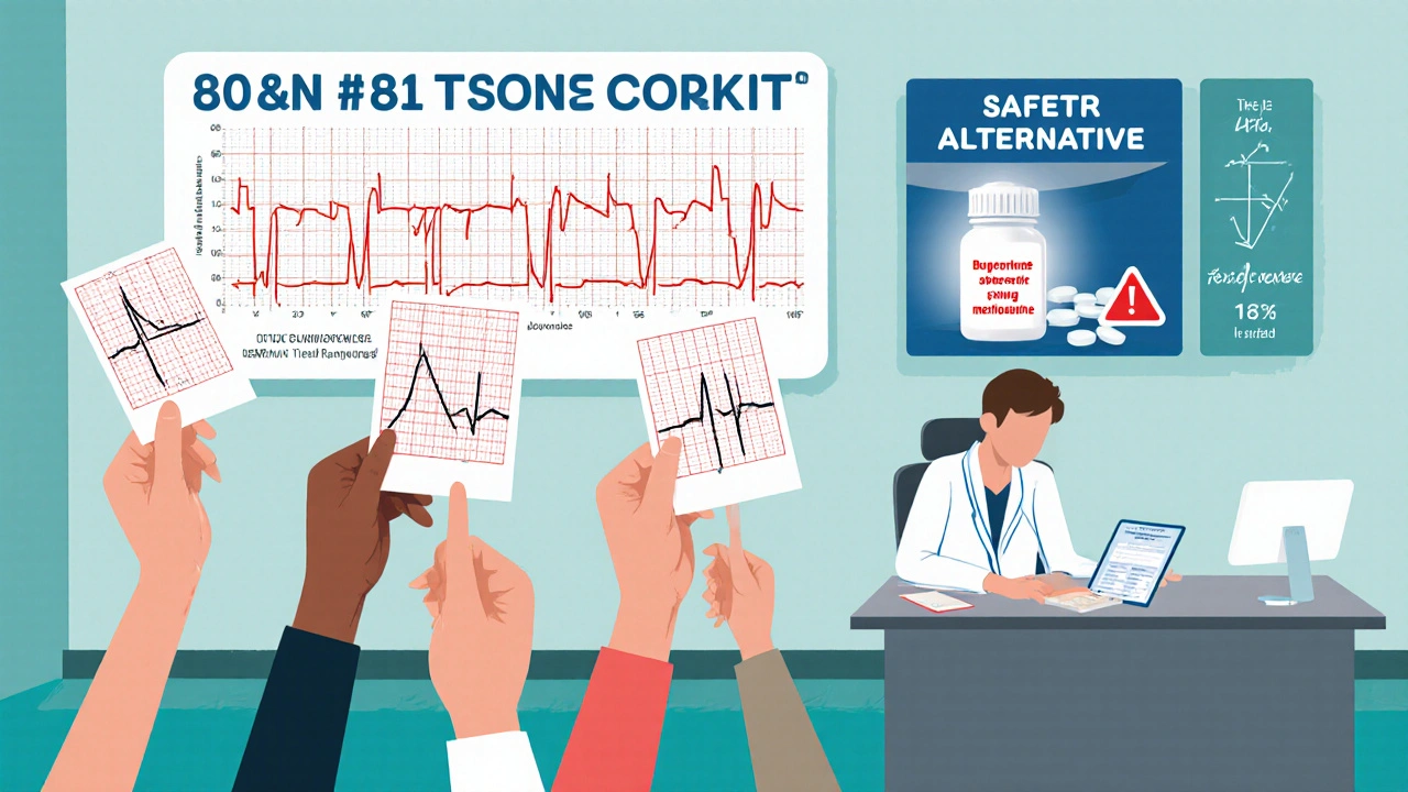 A clinic scene with patients holding ECG results, a doctor checking for drug interactions, and buprenorphine labeled as safer option.