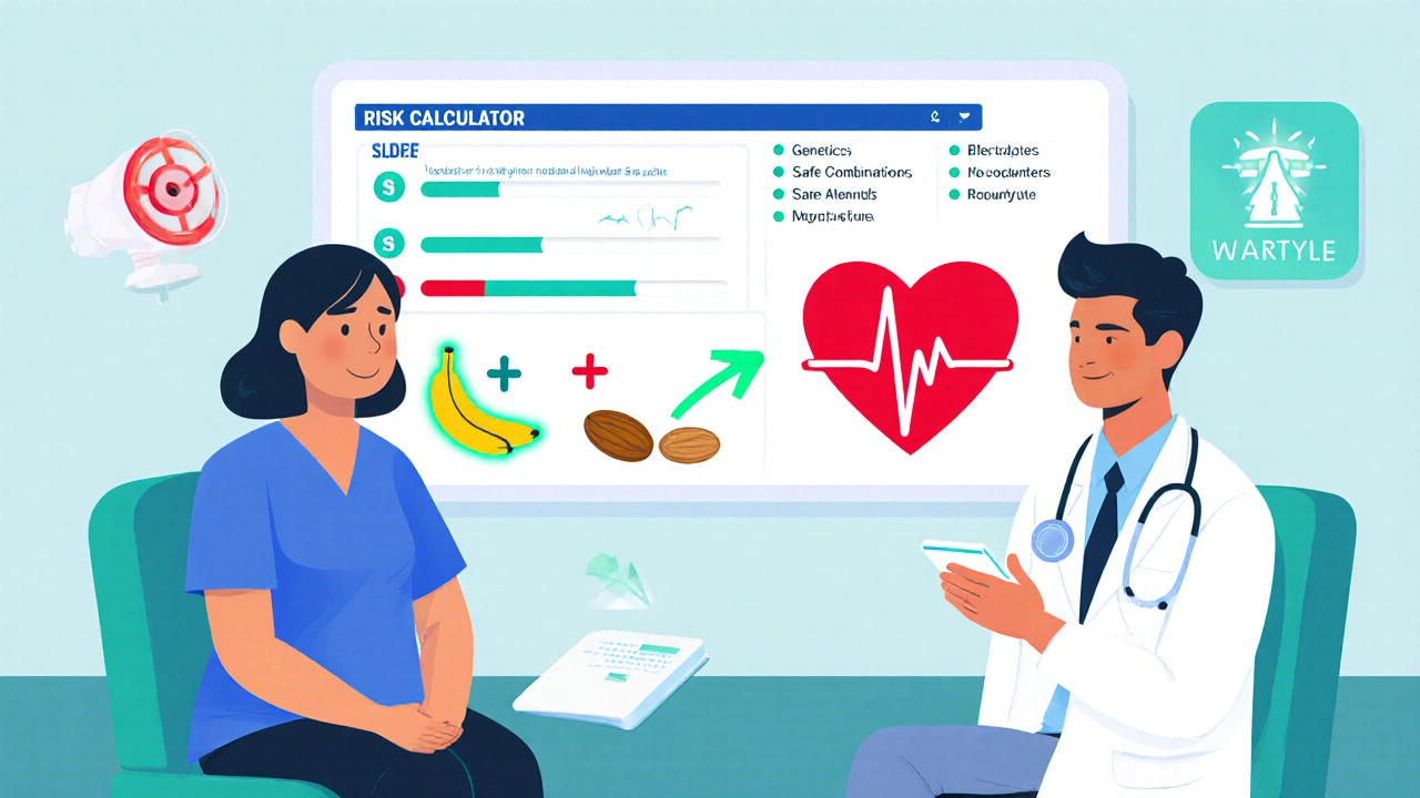 A doctor and patient viewing a risk calculator with a beating irregular heart and safe alternatives.